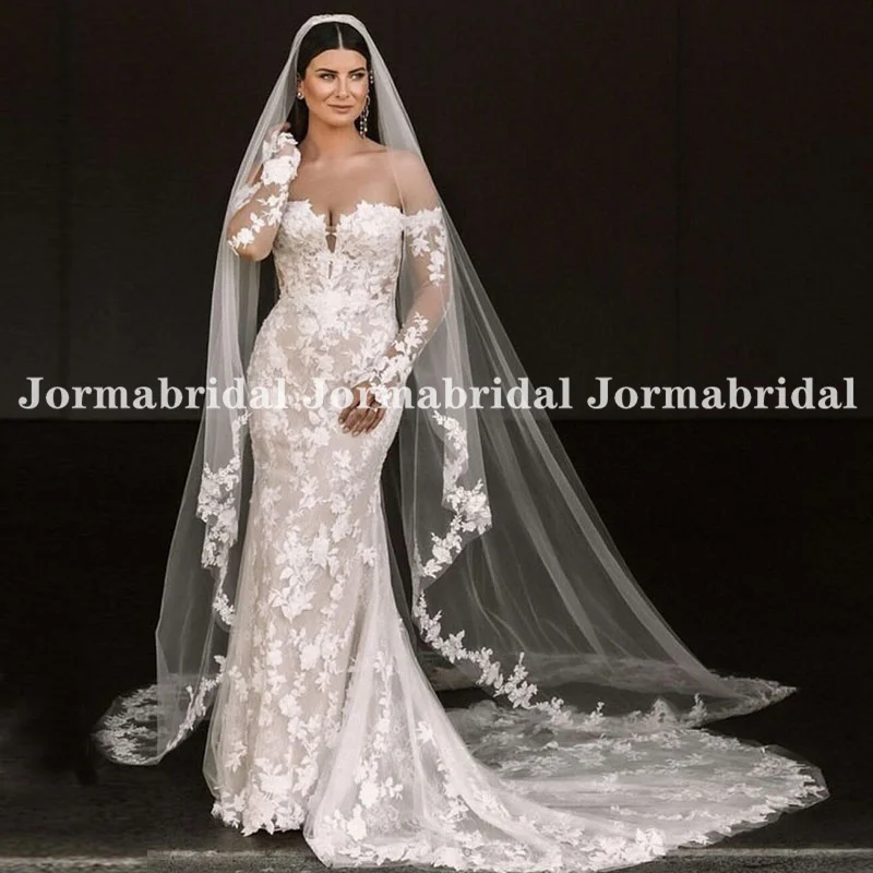 

Light Champagne Floral Lace Wedding Dress V-neck Off Shoulder Illusion Long Sleeve Mermaid Bohemian Bridal Gowns Wedding Dresses