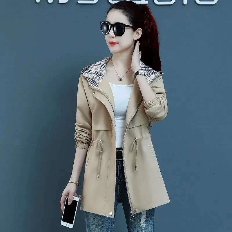 

Women's Jacket Trench Coat 2024 New Korean Spring Autumn Loose Long Sleeve Short Coats Female Windbreaker Hooded Outerwear Tops