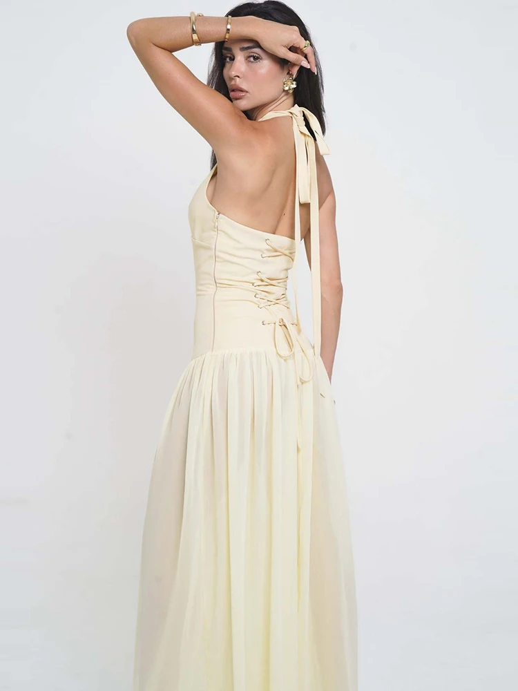 Oniflyme Sheer Patchwork Senza maniche A-line Maxi abito da donna Profondo scollo a V Halter Backless Fasciatura Abiti aderenti Abito sexy di moda