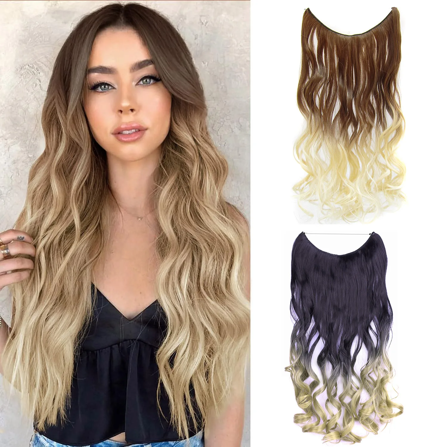Jeedou Single Piece Hair Extension Without Clips Invisible Hairline Straight & Wavy Ombre Synthetic Hairpiece for Women Ladies