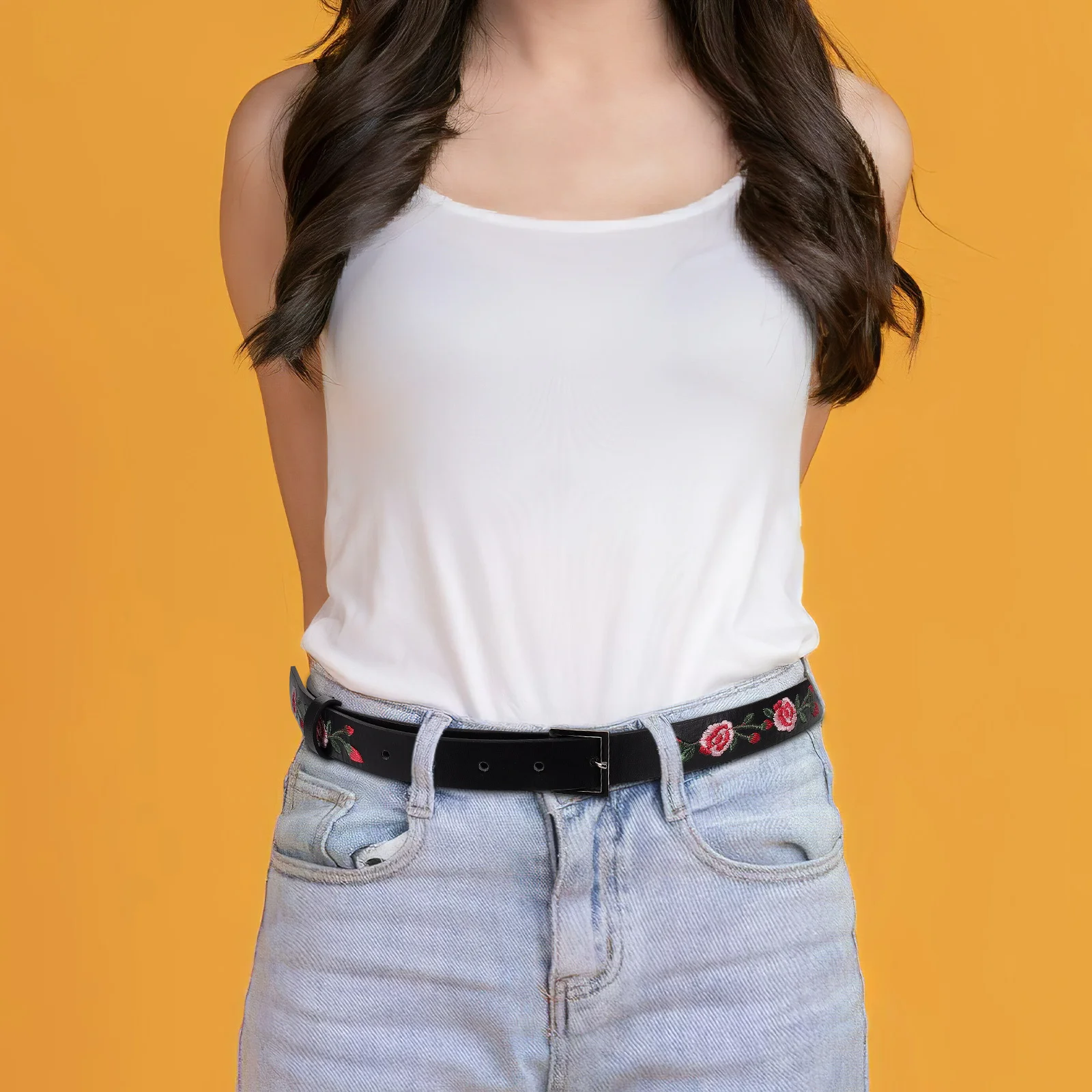 حزام نسائي مطرز باللون الوردي من البولي يوريثان، وشاح خصر مزين بالزهور، حزام أنيق بإبزيم مربع عتيق للفساتين والجينز #4