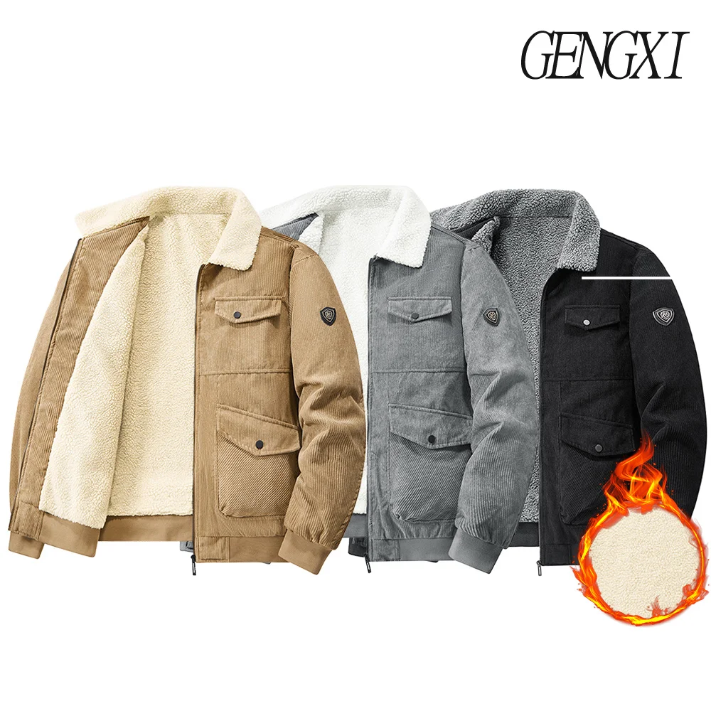 

Мужская вельветовая куртка среднего возраста с лацканами. Новое зимнее поступление: утолщенное ветрозащитное рабочее пальто на флисовой подкладке в стиле милитари.