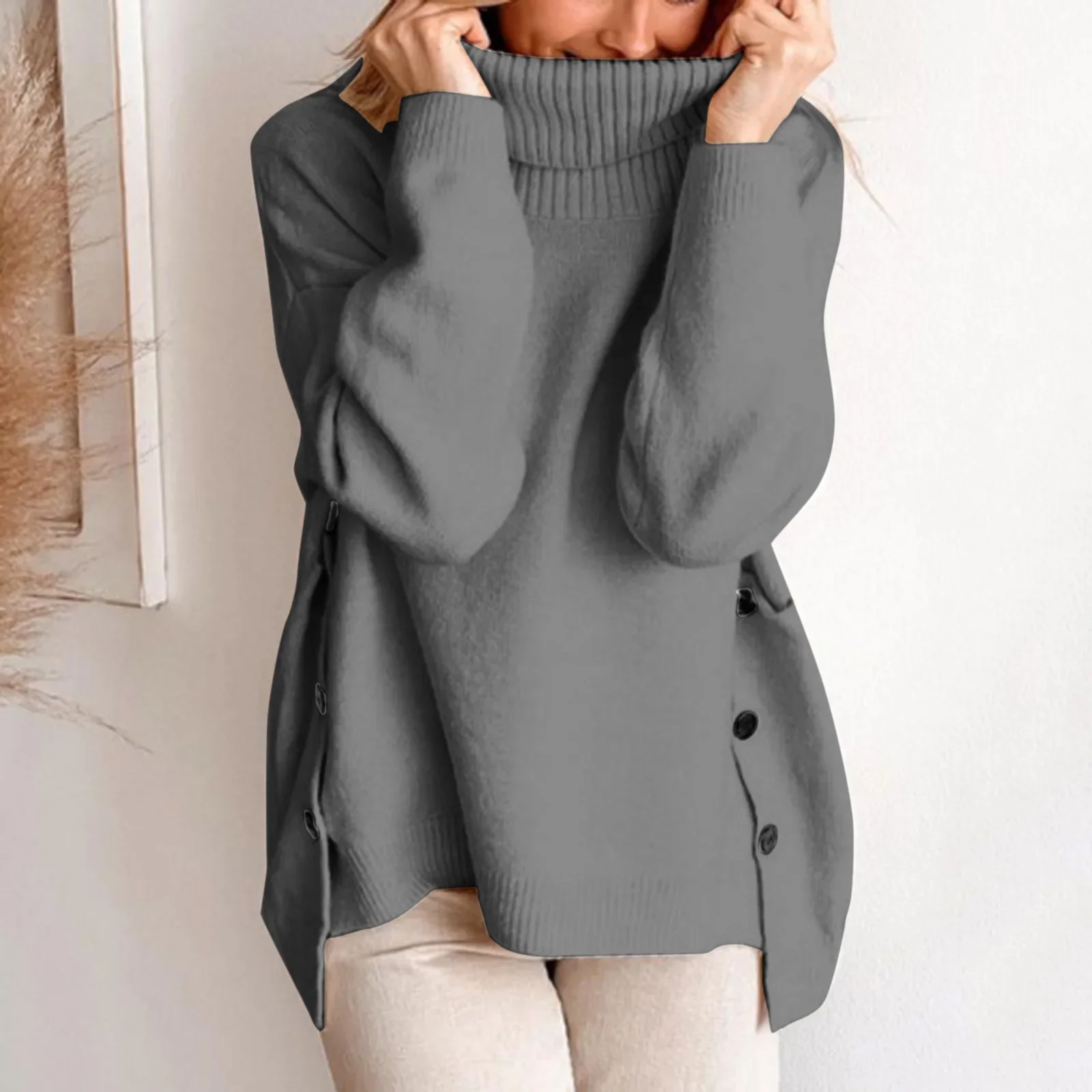 

Winter Turtleneck Sweater with Button Design Women's Pullover Korean Oversize Loose Knit Shirt Looks Thin Wholesale Pullovers