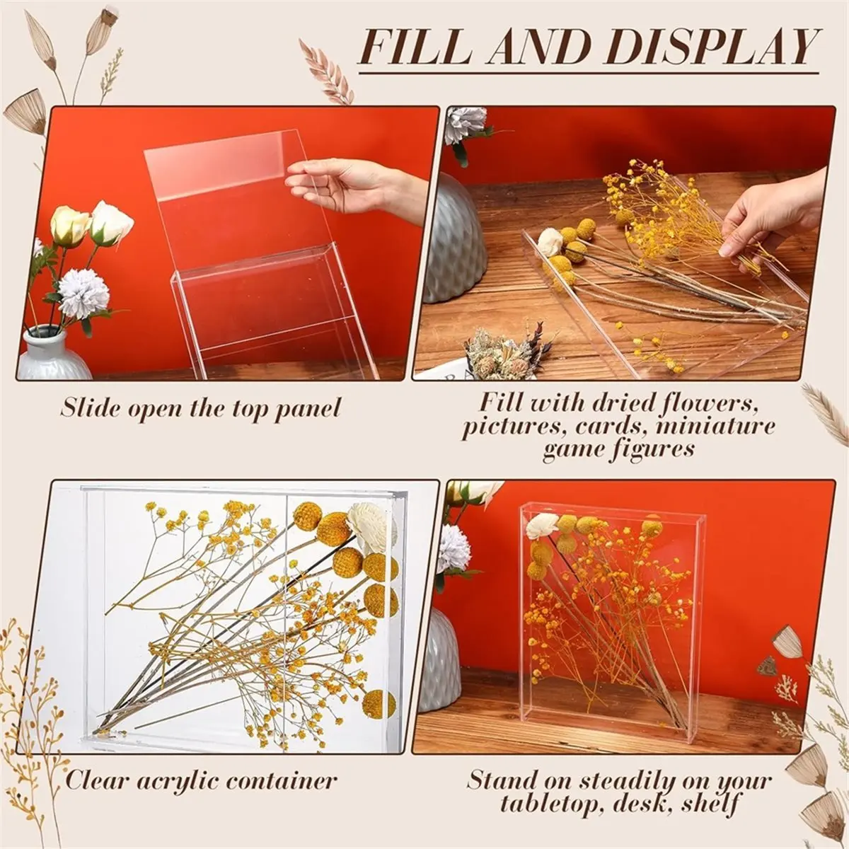 HGHO 2 Pcs Acrylic Shadow Boxes Display Cases, DIY Frame Clear Display Cases Wedding Memory Dried Flower Container (5X7inch)