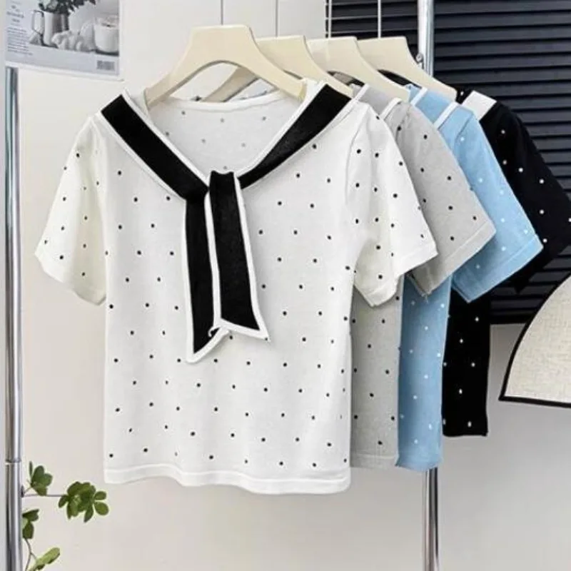 

Summer Retro Ladies T Shirt Women Y2K Clothes Korean Cute Vintage Sweet Polka Dot Sailor Collar Aesthetic Streetwear Fashion Tee