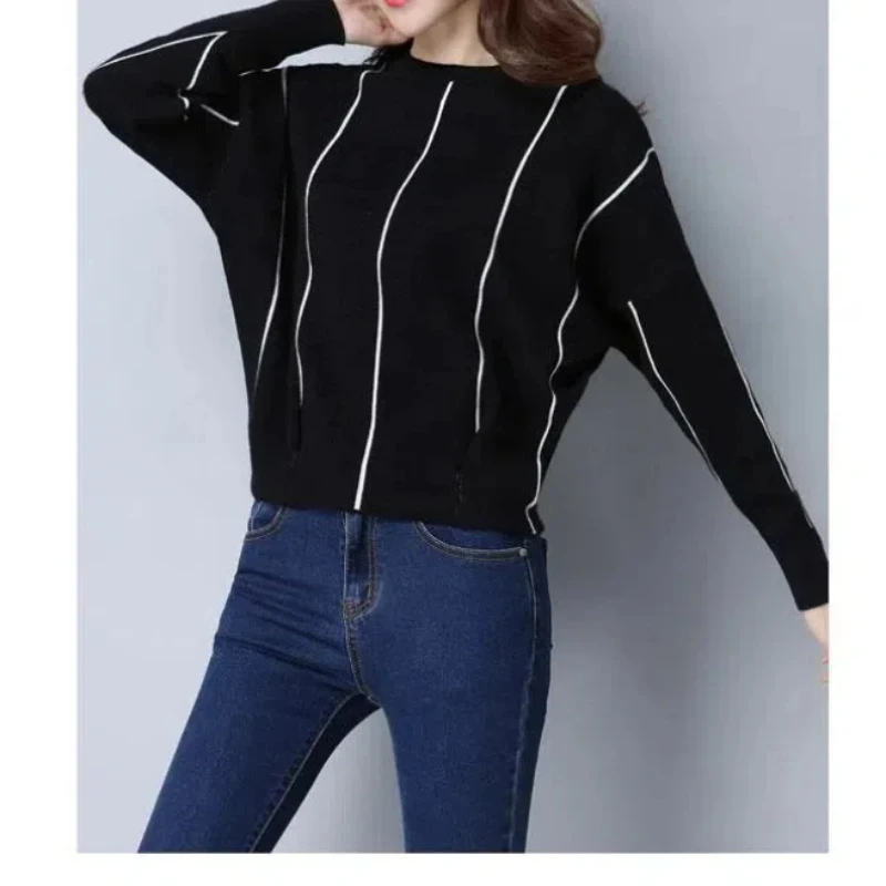 Knitted Long Sleeve Contrast Color Women\'s Clothing Crew Neck Striped Screw Thread Pullover Sweater Autumn Winter Loose Tops