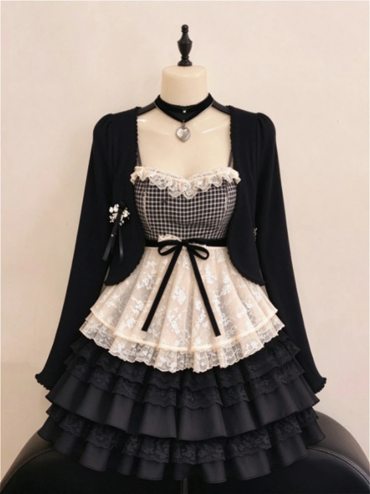 Japanese Preppy Sweet Matching 2 Piece Outfit Kawaii Bow Lace Patchwork Tops Y2k Mini Skirt Elegant Daily Fashion Outfits Trendy
