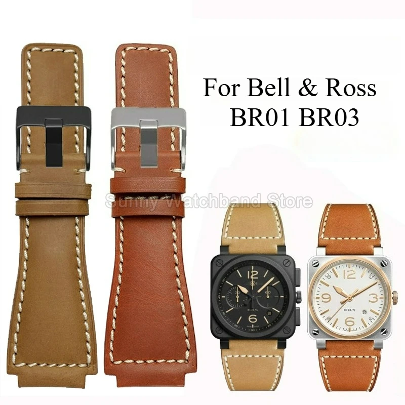 Men and Women Genuine Leather Watch Strap Convex for Bell & Ross Bell Ross BR01 BR03 Cowhide Watchband 24mm Waterproof Durable