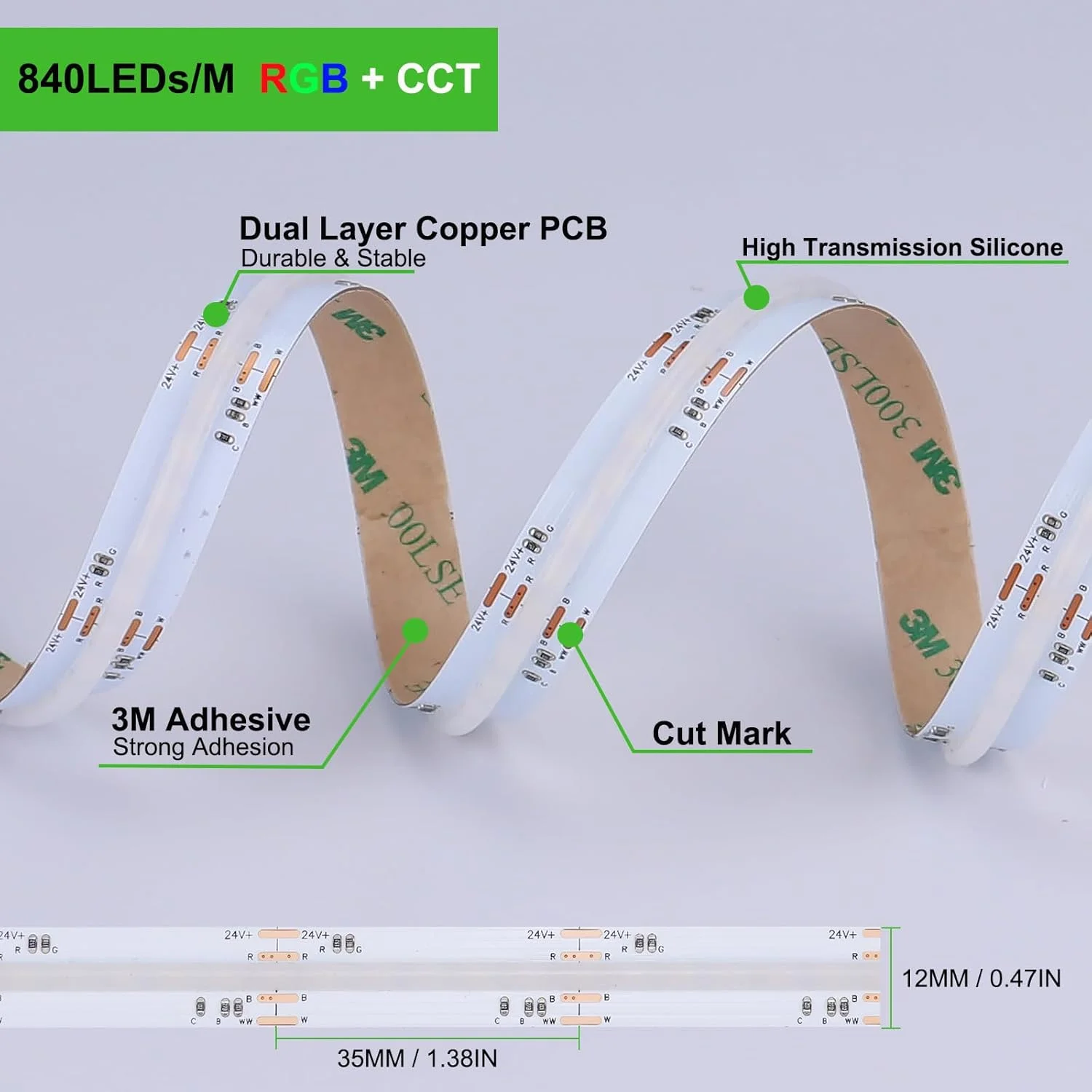 COB LED Strip 840leds/m DC24V WS2811 Addressable  RGB CCT High Brightness High Density Flexible Tape Ribbon RA90 Led Lights 12mm