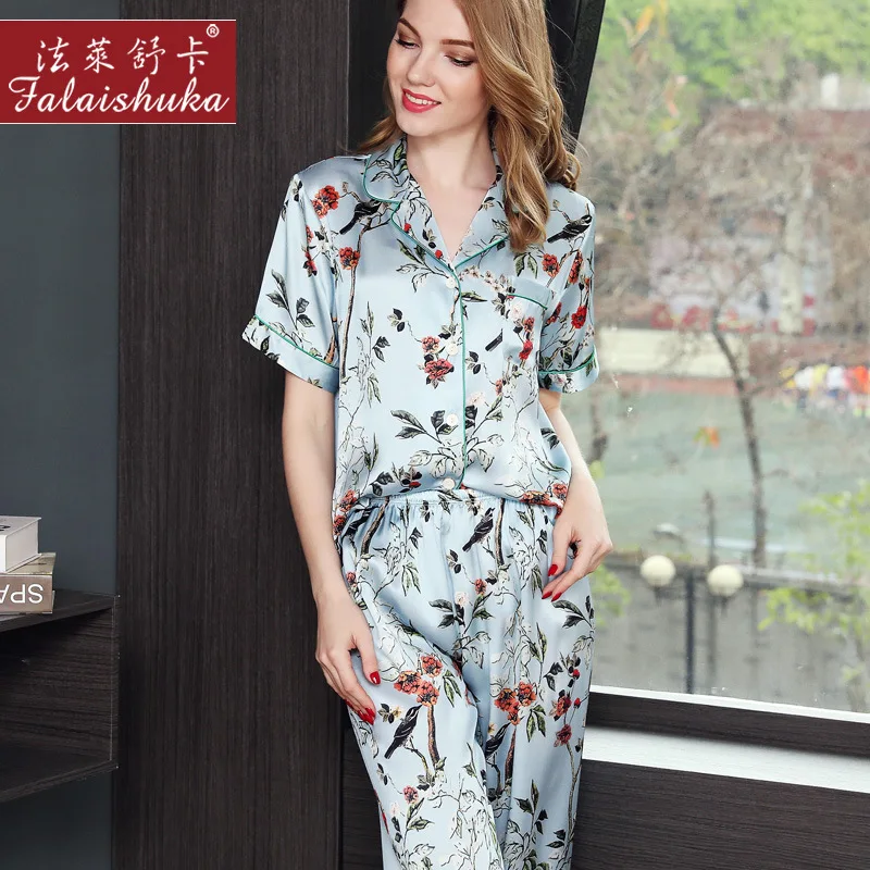 

16 momme Elegant Flowers 100% pure silk pajamas sets women fresh sky blue short sleeve Noble women sleepwear T8152