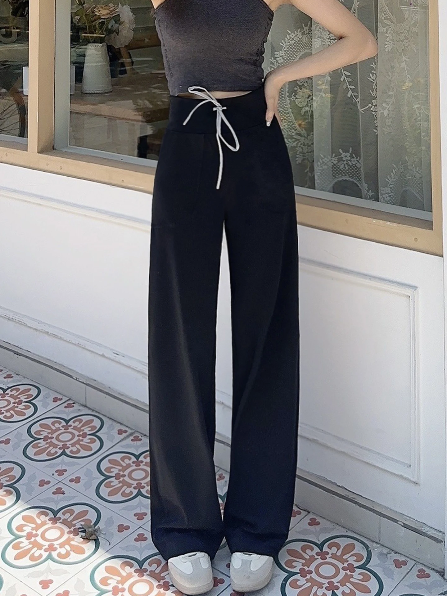 

High Waist Slim Fit Straight Leg Fitn Pants Women's Outdoor Wear Autumn Wide Leg Pants Drapey Dstring Sports Yoga