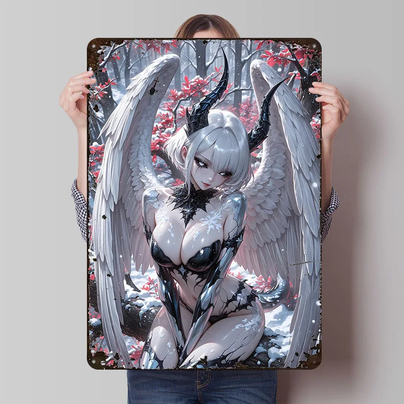 Winged Anime Girl With Horns Tin Poster Customized Wall Art Retro Vintage Metal Signs for Fans Room Home Decoration Luxury House