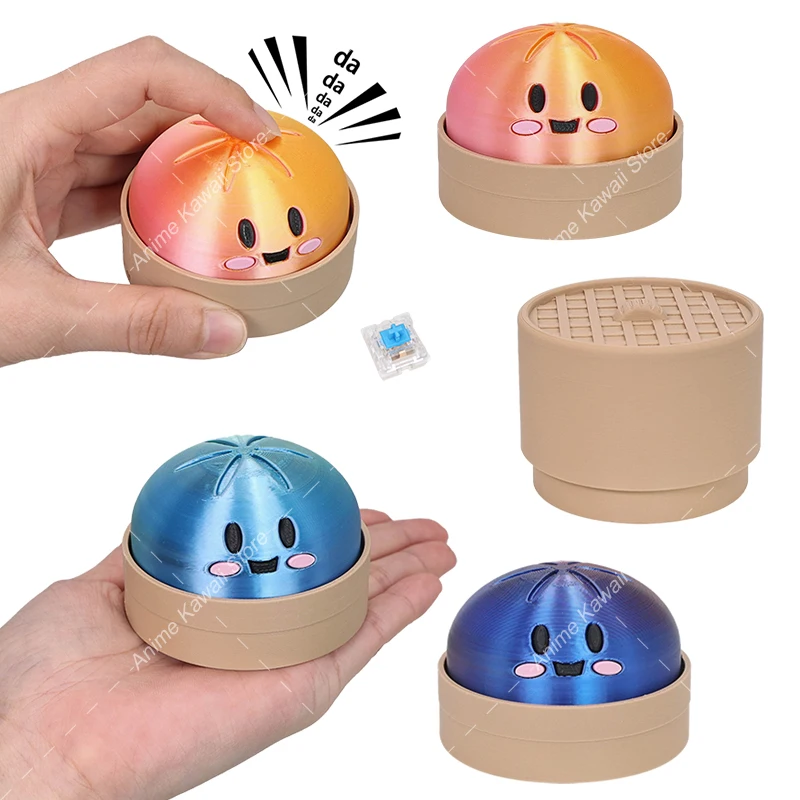 3D Printed Mochi Dumpling Clicker Fidget Toy with Bamboo Steamer Realistic Giant Dumpling Squeeze Relief Toys