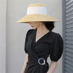 Chapeau de paille d'été pour femmes, chapeau de plage, bord de mer, soleil, vacances, nœud ruban, dessus plat, grand bord, 2024