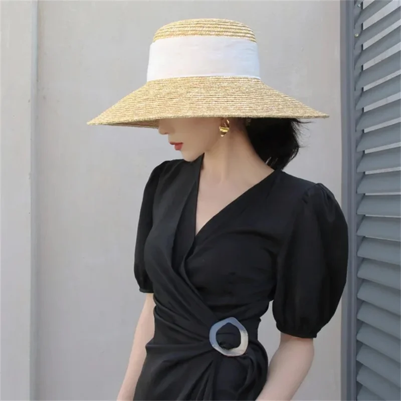 2024 Summer Straw Hat Beach Hat Women's Seaside Sun Hat Vacation Bow Ribbon Flat Top Big Brim Straw Hat praia 모자