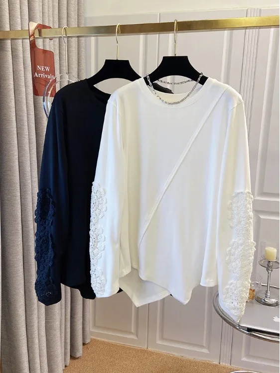 블라 레이스 홀로우 아웃 훅 플라워 롱 슬리브 티셔츠 여성용 봄 여름 플러스 사이즈 비대칭 패셔너블 탑 프렌치 스타일