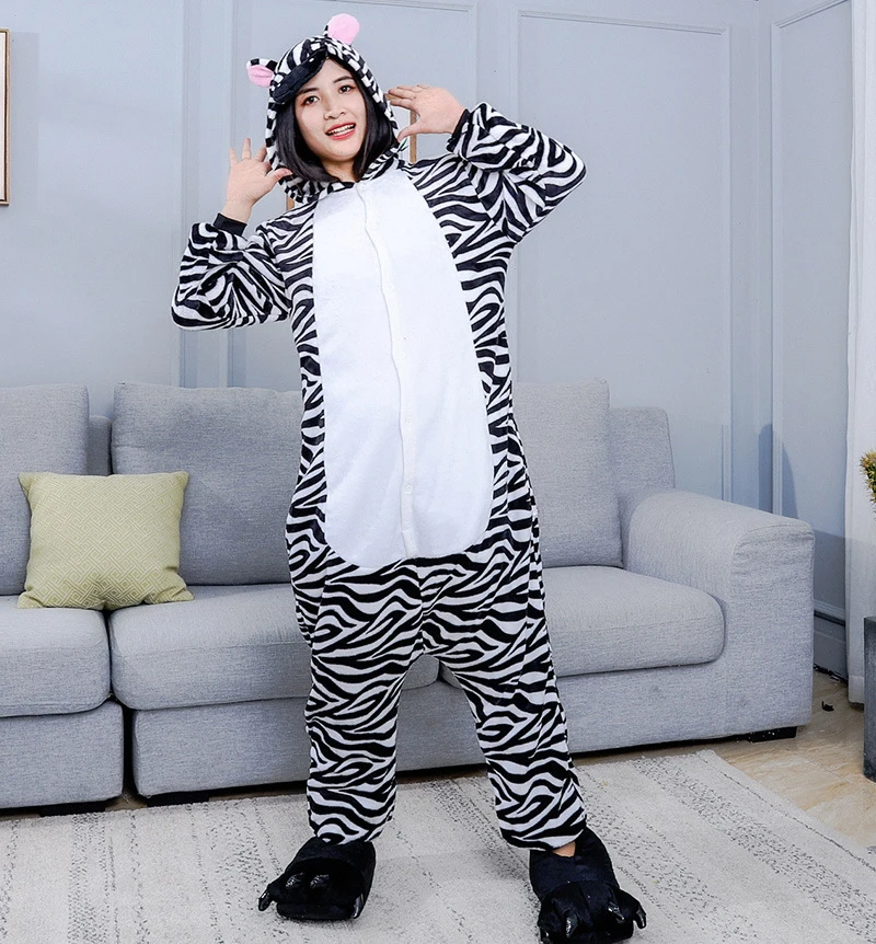 Family Winter One-Piece Cartoon Zebra Pajamas With Two Pink Round Ears Polyester Warm Slim Fit And ComfortCute Sleepwear Cosplay