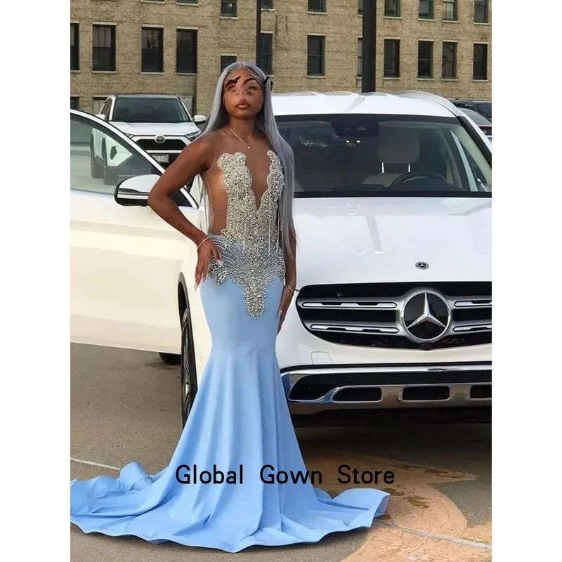 

Ebullient Baby Blue Crystal Rhinestones Mermaid Prom Dresses 2026 Black Girls Dress Party Evening Luxury Celebrity Customized