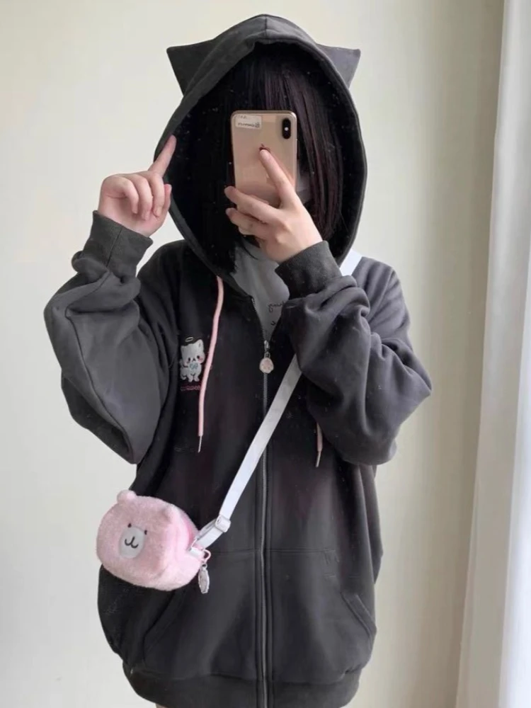 HOUZHOU Gray Solid Harajuku Hoodies Women Japanese Style Y2k Cuteore Soft Girl Cartoon Embroidery Zipper Hoodes Sweatshirt 2024