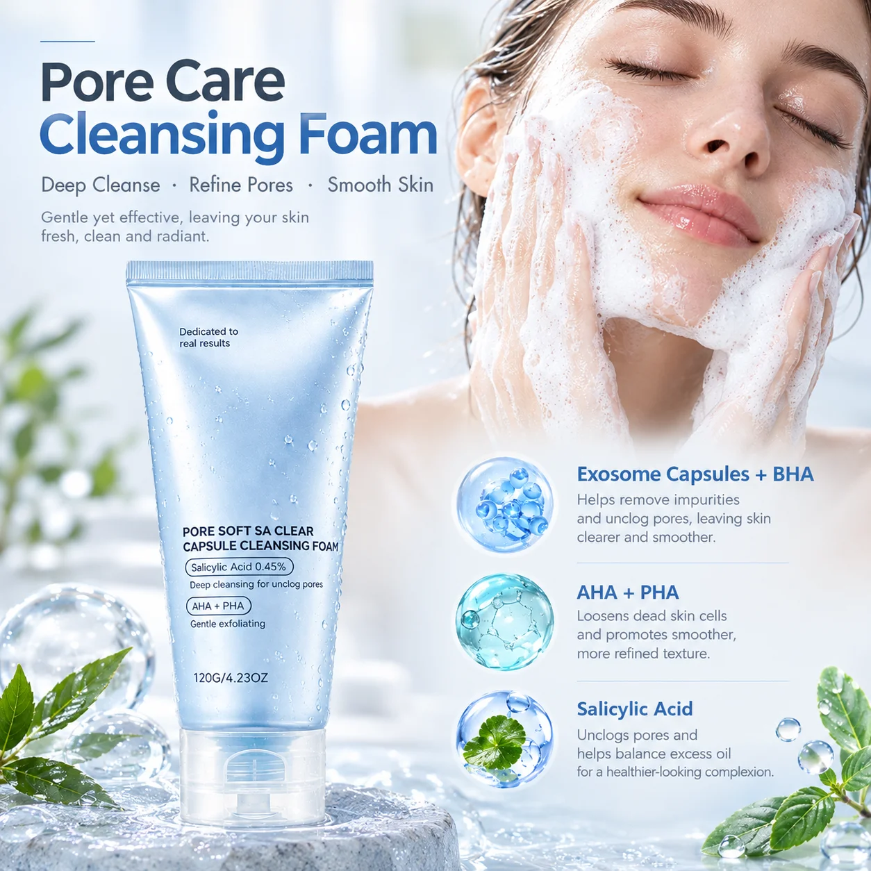 Pore Deep Cleansing Foam Cleanser,AHA BHA PHA for Deep Cleansing,Low pH Gentle Formula Non-Stripping Hydrating Daily Face Wash