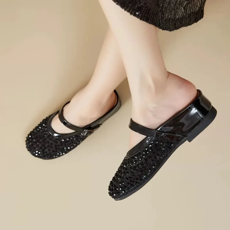 Women Slippers Summer New Mesh Hollow Crystal Comfortable Low Heel Sandals Fashion Round Toe Closed Toe Designer Female Shoes image 6