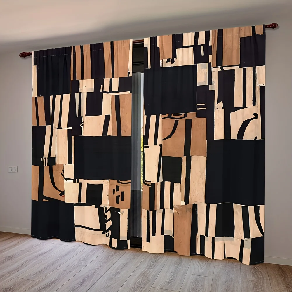 2pcs, Abstract Art Geometric Patchwork Black and Brown Square Curtain with Rod Pocket Installation, Digital Print Technology