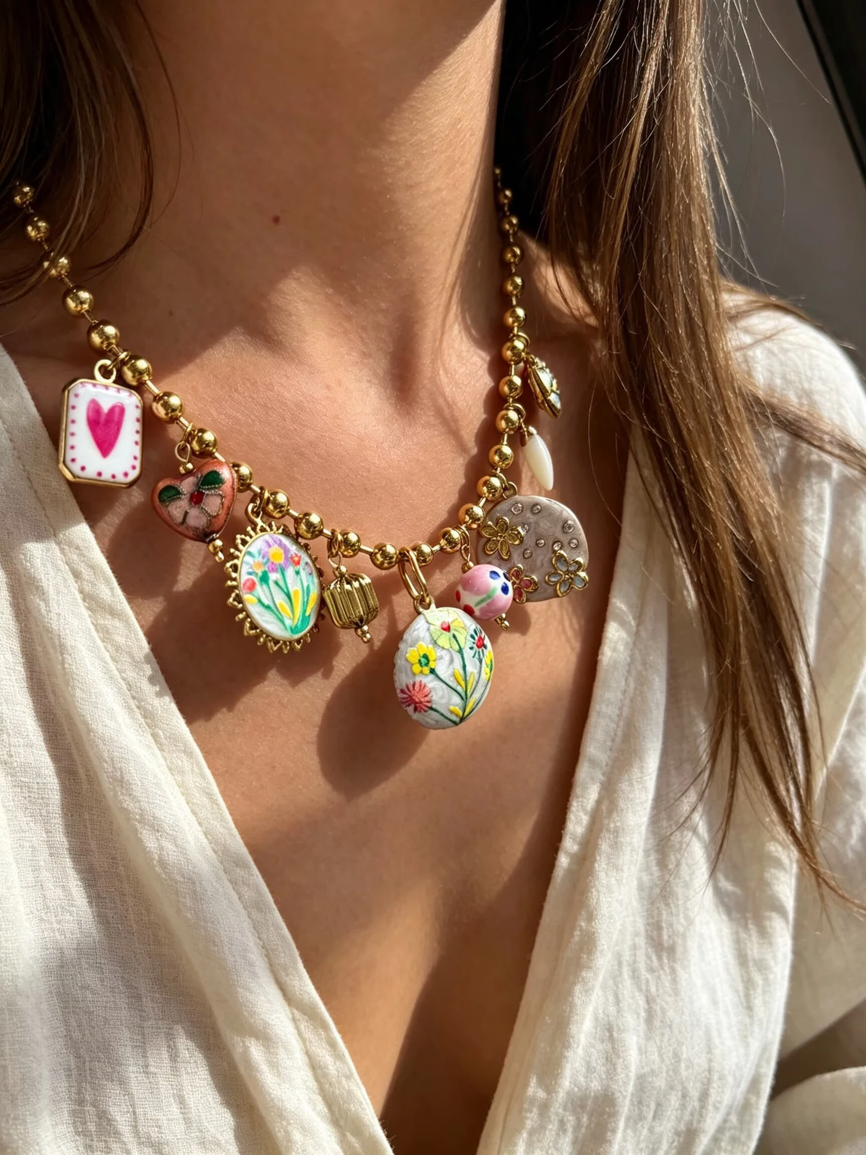 Peri'sbox Vintage Enamel Ceramic Natural Stone Multiple Pendant Metal Bead Chain Women's Necklace Stainless Steel Jewelry Gifts