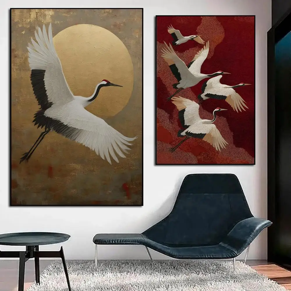 Vintage Style Yellow Crane Flying Birds Flower Sun Art Poster HD Waterproof Wall Art Self Adhesive Scratch Proof Home Office Bar