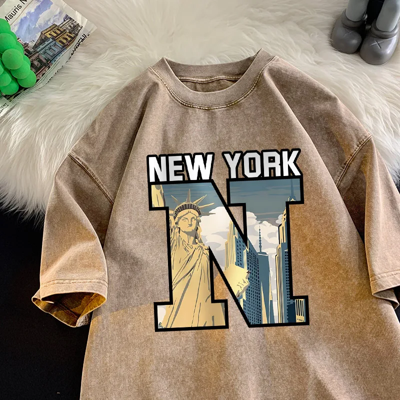 Statue of Liberty Print T-shirt Men New York Shirt Cotton Vintage Washed Short Sleeve Summer Oversize Loose T-shirts Men Tiki