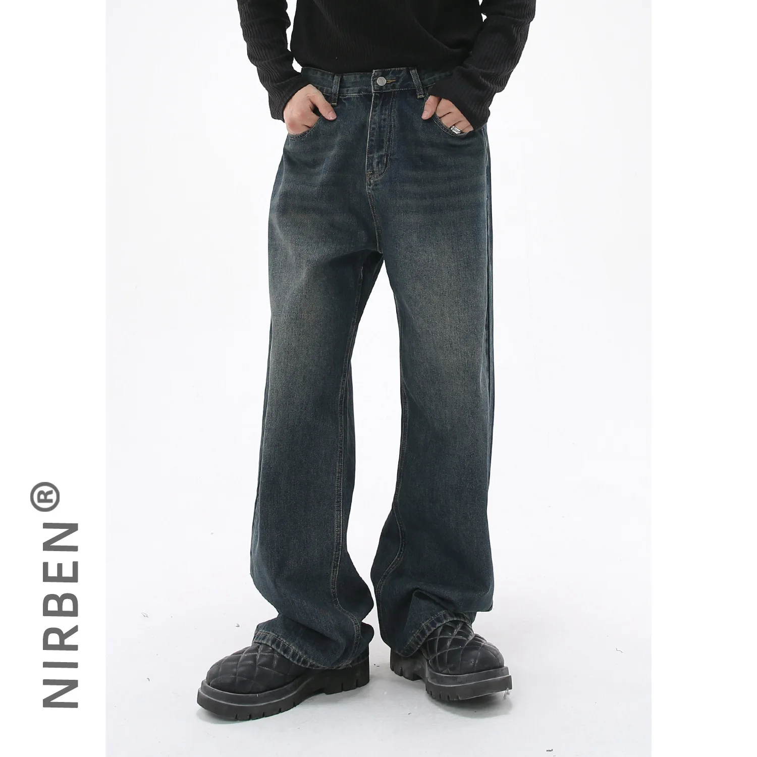 Basic Washed Old Denim Blue Loose Straight Casual Trousers