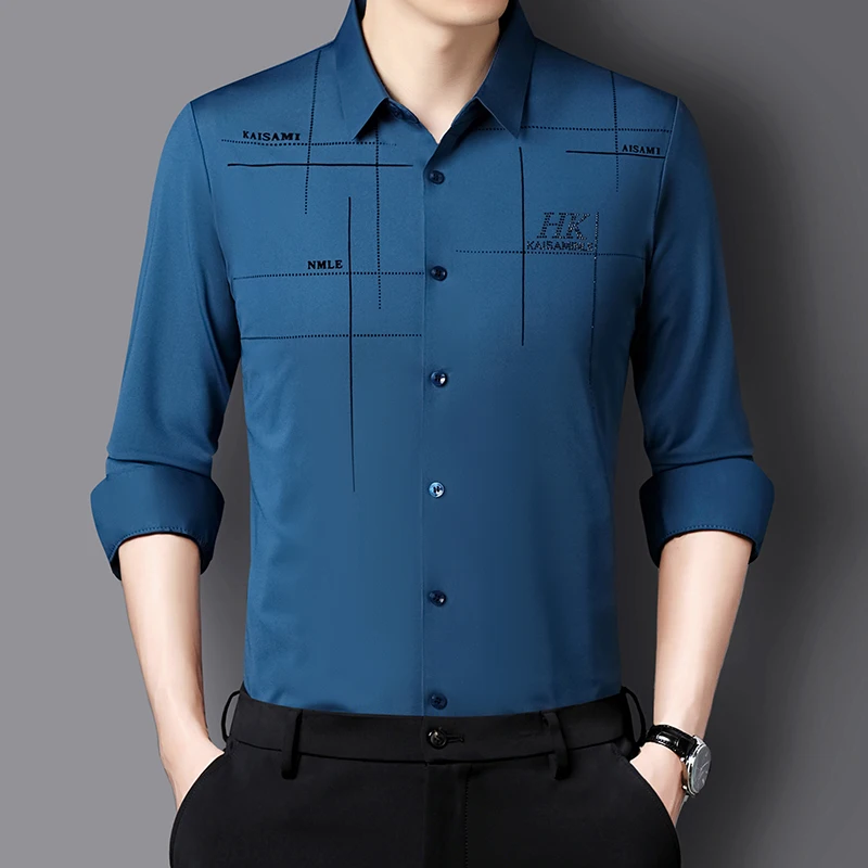 High Elastic Quality Men\'s Long Sleeved Shirt New Spring Autumn Styles Slim Fit Shirts Business Casual No-iron Anti-wrinkle Tops