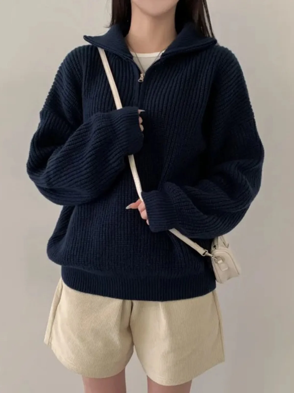 

Thiened Knitted Sweater Coat Women's Loose Fit Warm Lazy Sle Zipper Collar Spring Autumn Season Color Commute Faion
