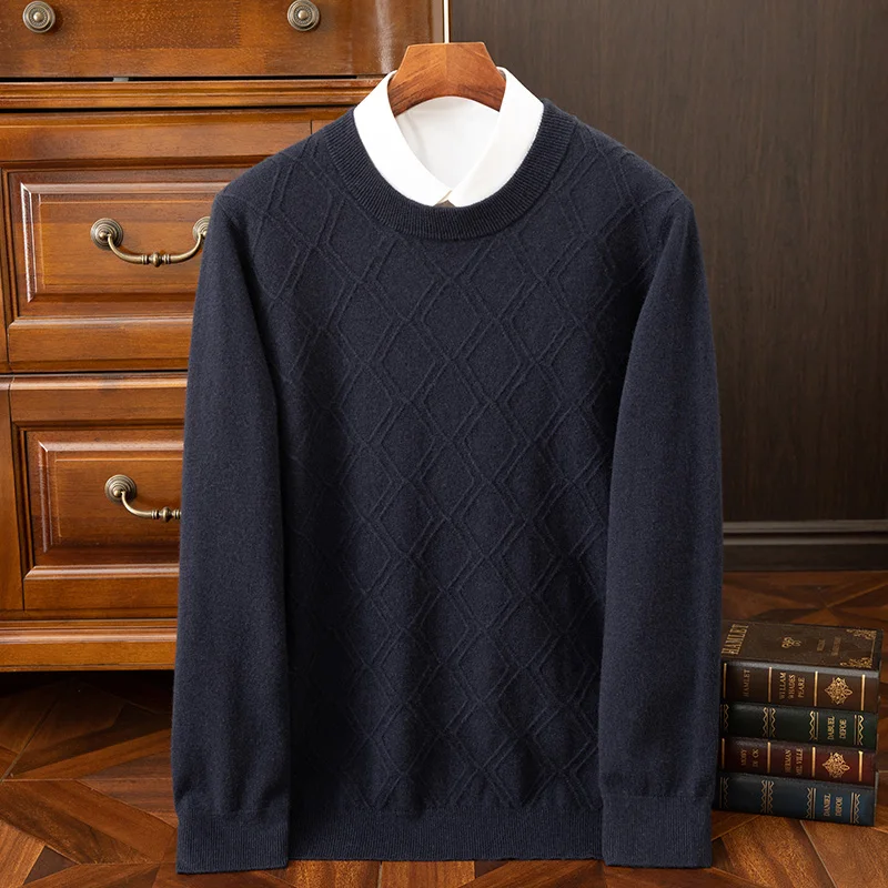 2024 Autumn/Winter New Collection (100% Cashmere) Men's Casual Diamond Round Neck Solid Color Casual Sweater for Men