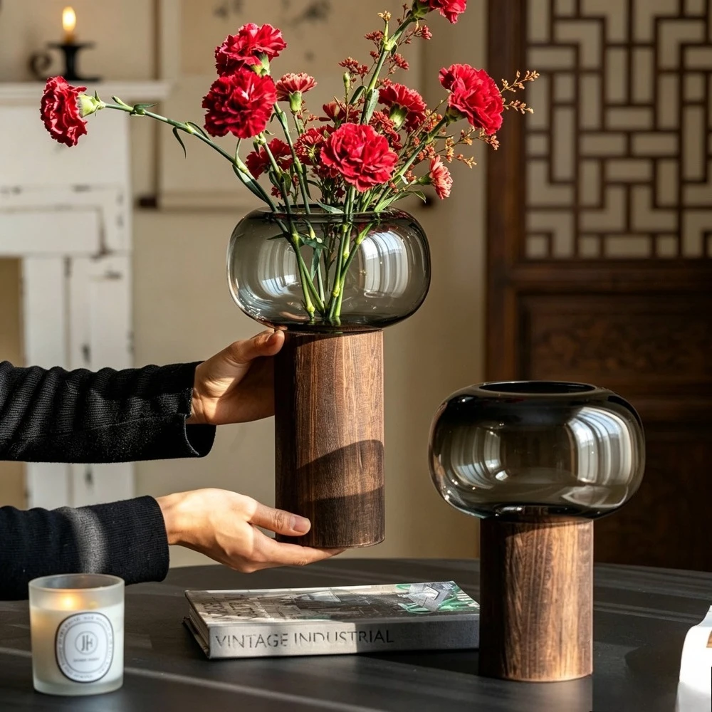 Modern Minimalist Glass Vase Natural Wind Creative Wooden Flower Arrangement Container  Home Living Room Tabletop Ornament