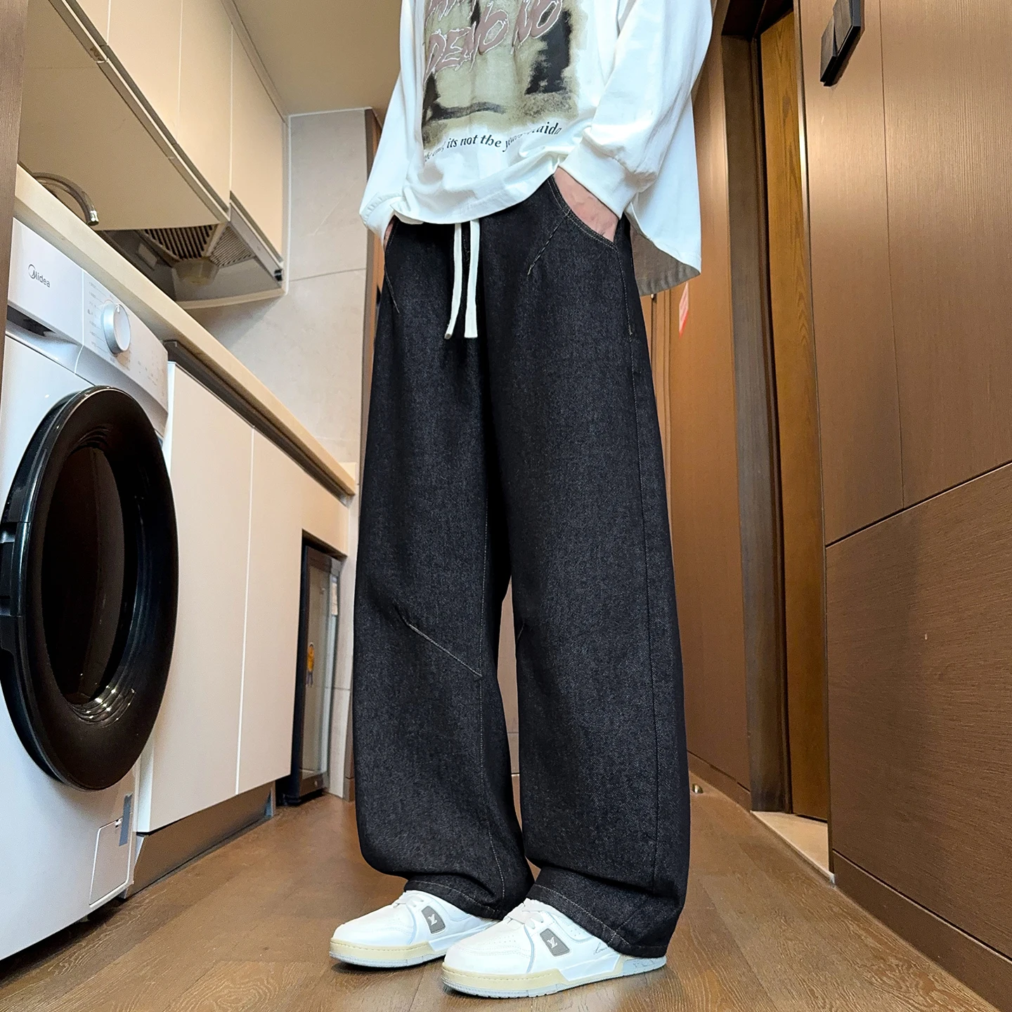 กางเกงยีนส์ทรงตรงขาบานสไตล์วินเทจแบบอเมริกันสำหรับผู้ชาย ล้างสีแบบวอเตอร์วอช เหมาะสำหรับฤดูใบไม้ร่วง/ฤดูหนาว