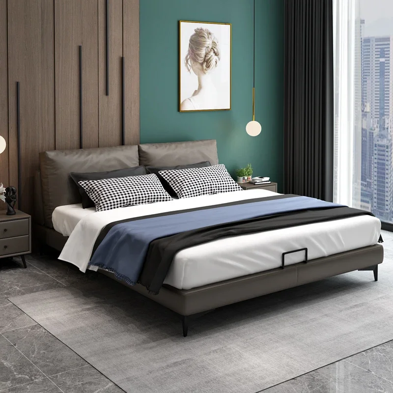 Extremely simple double soft bed set, master bedroom design, leather art wedding storage bed combination