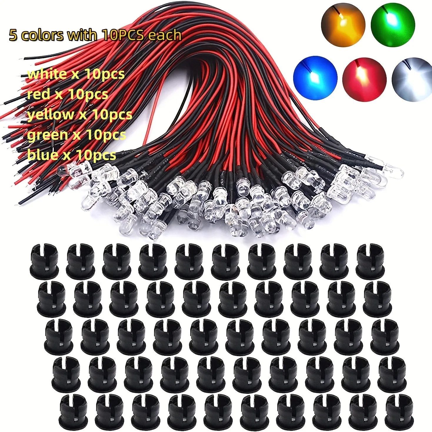 50 sets LED kit 5MM LED diode pre wired3-12v, 5 colors x 10pcs, white, red, yellow, green, blue.