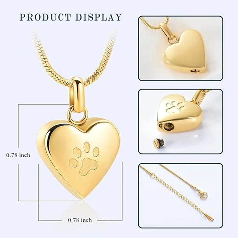 Paw Prints Stainless Steel Pet Heart Urn Necklace Pet Urn Dog Ashes Memorial Souvenirs Cremation Jewelry