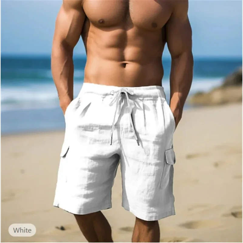 

Летние хлопковые и конопляные шорты с эластичным поясом на шнурке, прямые, однотонные, дышащие, повседневные, пляжные, укороченные, средней длины