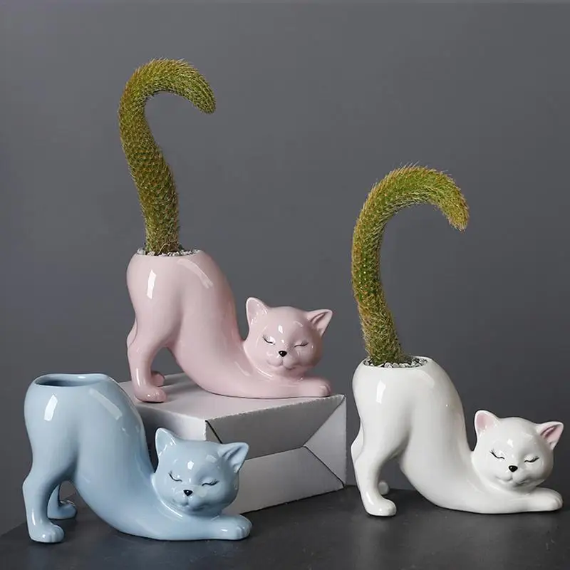 adorable Cat Planter Mini Cat Shaped Ceramic Flowerpot Vase Cute Cat Tail Succulent Planting Pot Porcelain Flower Vase Flowerpot