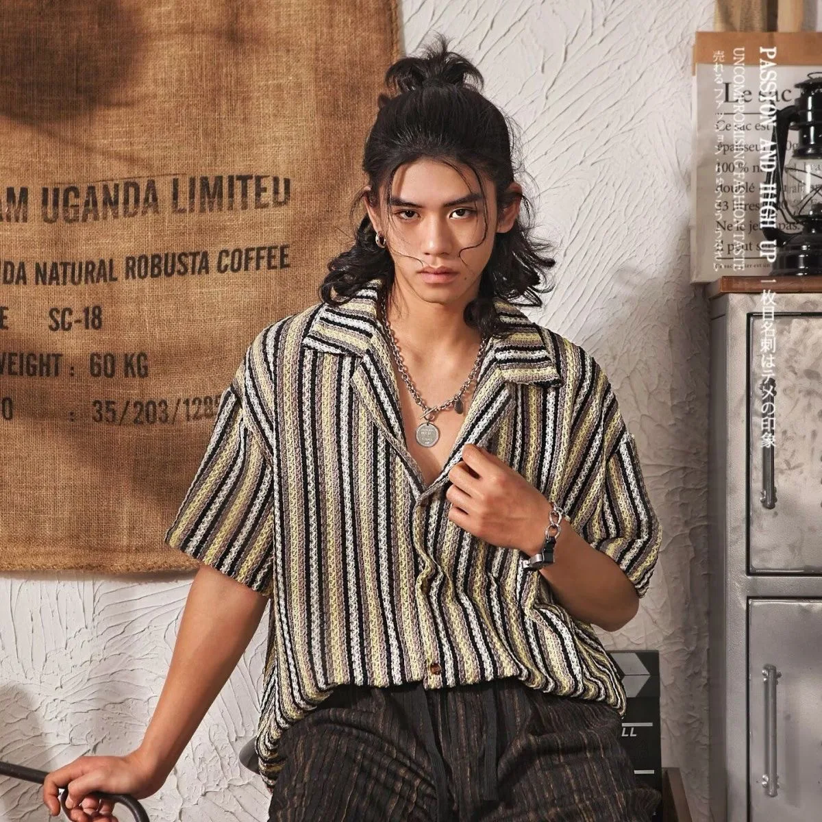 Men Senior Luxury Japanese Striped Trendy Shirts Tops Male Sexy Vintage Bohemian Travel Handsome Blouse Ethnic Hollow Loose Tees