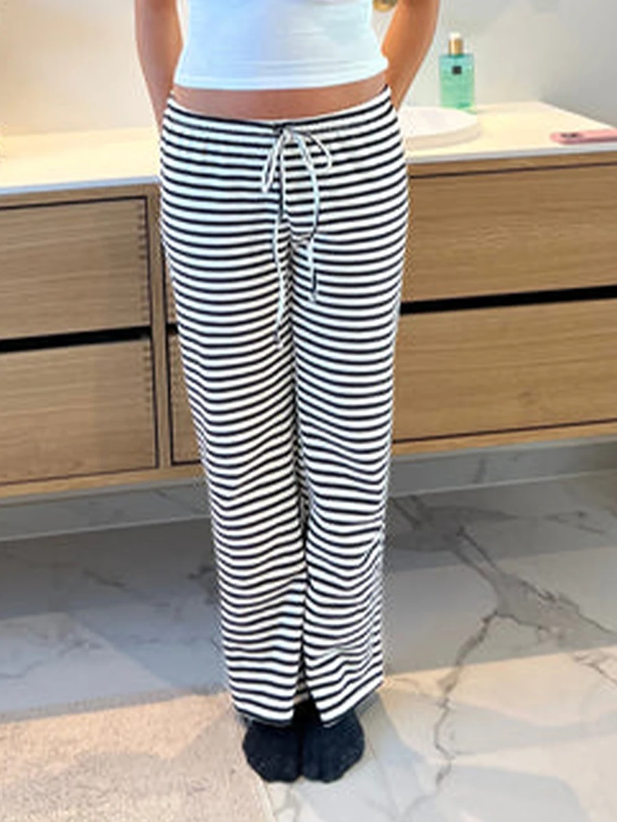 Women Loose Pants Stripe Drawstring Elastic Waist Trousers Spring Summer Casual Sweatpants Bottoms