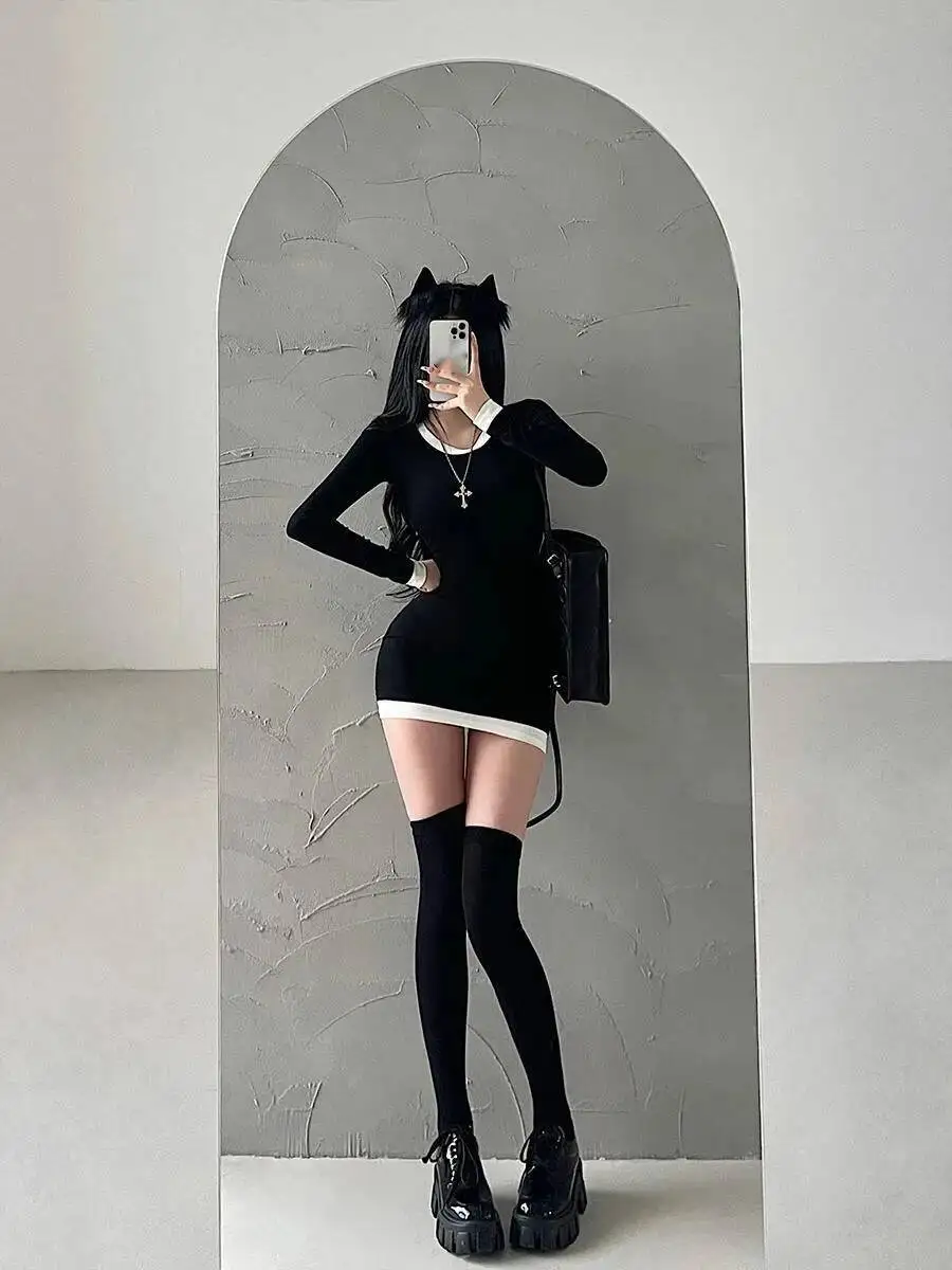 الرغبة النقية مثير ضيق نحيل الجولة الرقبة قاعدة فستان بكم طويل فستان قصير قصير أنيق الخريف موضة الكورية النساء بلايز 4J8Q