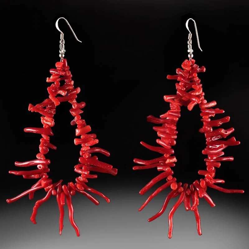 أقراط متدلية حمراء مرجانية مصنوعة يدويًا مع مجوهرات نسائية من حجر اللازورد لؤلؤ المياه العذبة