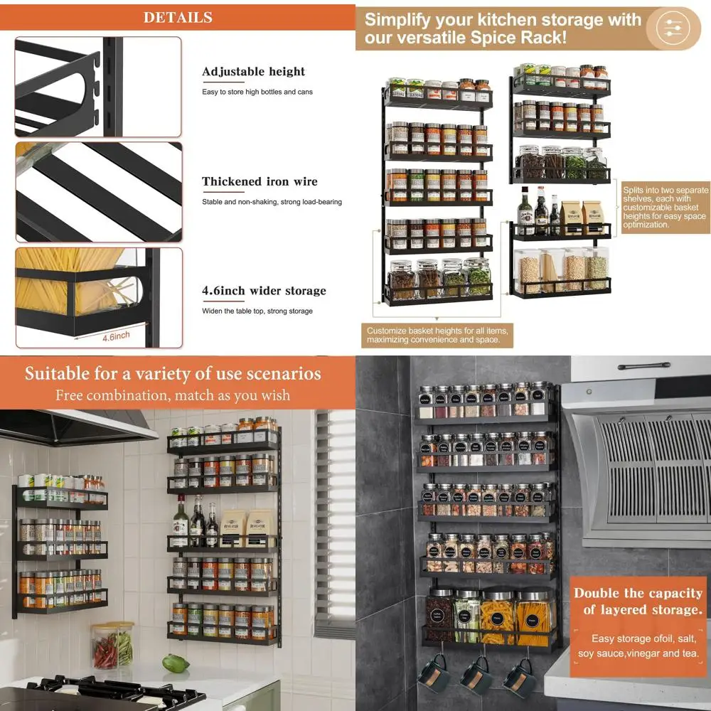 

5-Tier Adjustable Hanging Spice Rack Organizer with Hooks, Dual-Use Seasoning Holder, Black, Patented Kitchen Storage