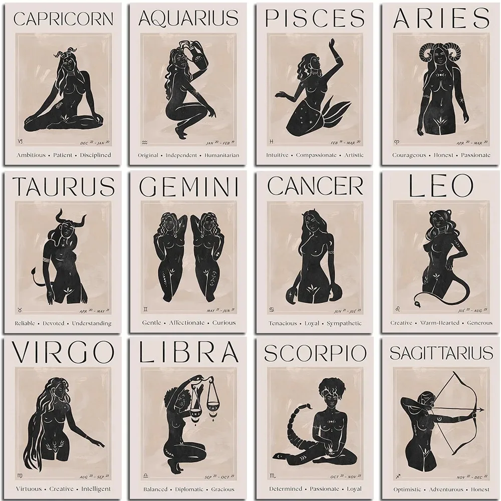 Retro 12 Zodiac Posters Capricorn Gemini Cancer Leo Libra Sagittarius Constellation Canvas Painting Wall Art Pictures Home Decor