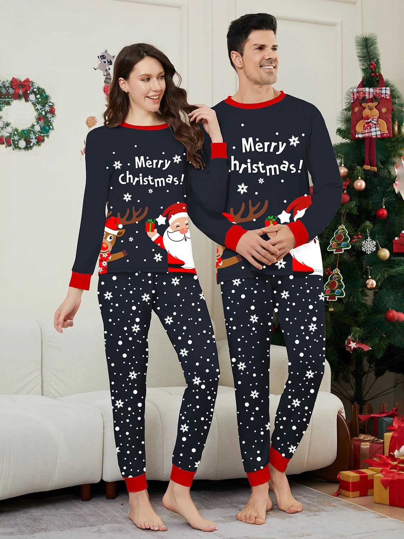 

2025 New Christmas Matching Pajamas Set Women Mens Couples Clothing Sets Full Sleeve 2 Pieces Suit Sleepwear Xmas Look Pyjamas