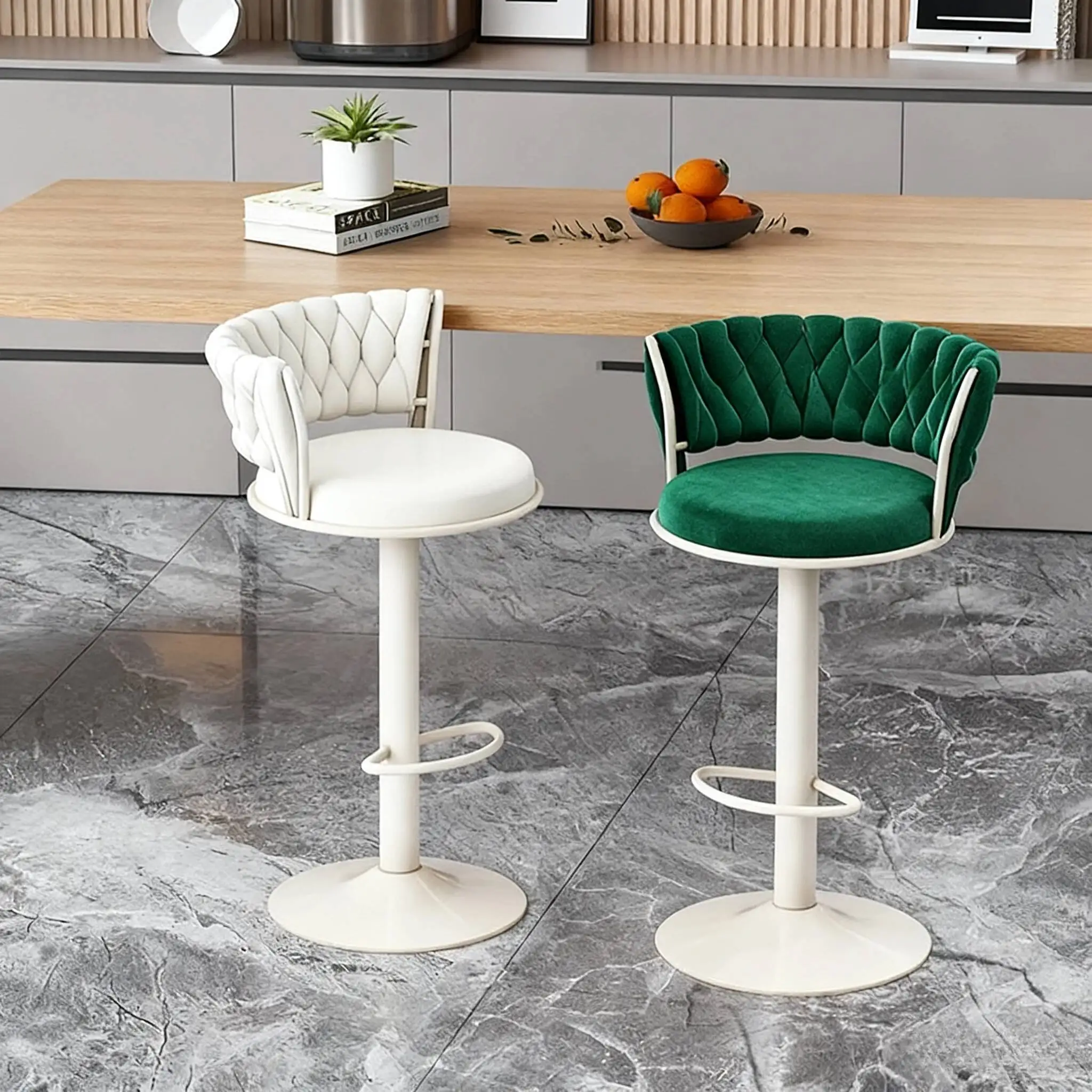 Luxury Velvet Bar Stool with Tufted Backrest, Adjustable Swivel Bar Chair for Kitchen Island Bar Cafe, Upholstered High Stool