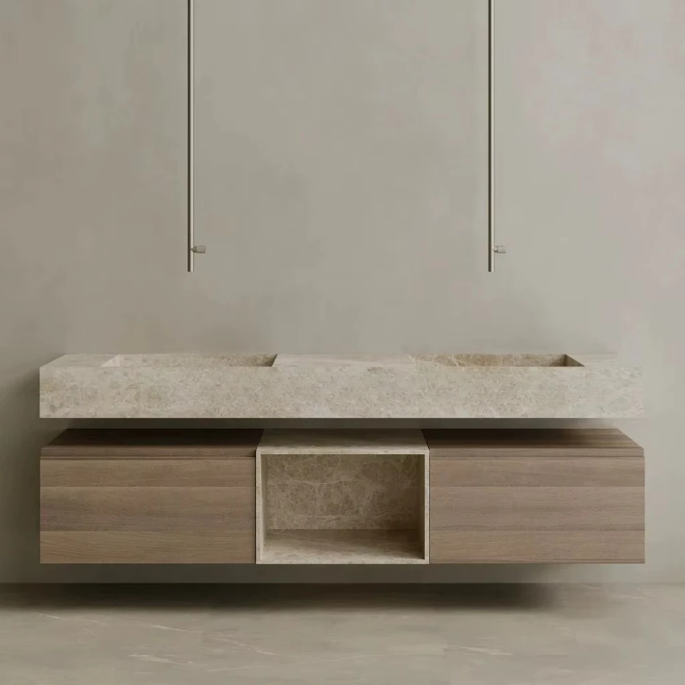 Oversized Roman Travertine Floating Double Sink Vanity Wall Mounted Stone Bathroom Cabinet with Wood Drawers