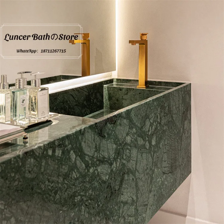 Amazon Green Luxury Stone Undermount Sink, Narrow & Thin Edge Deep Water Tank Marble Rock Slab Bathroom Wash Basin
